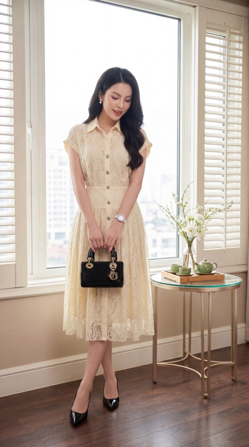Sixdo Cream Lace Flared Dress